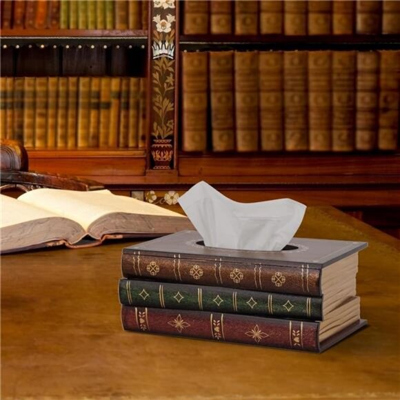Crafted Classical Retro Wooden Antique Book Tissue Box Cover Rectangular Tissue - Picture 6 of 7